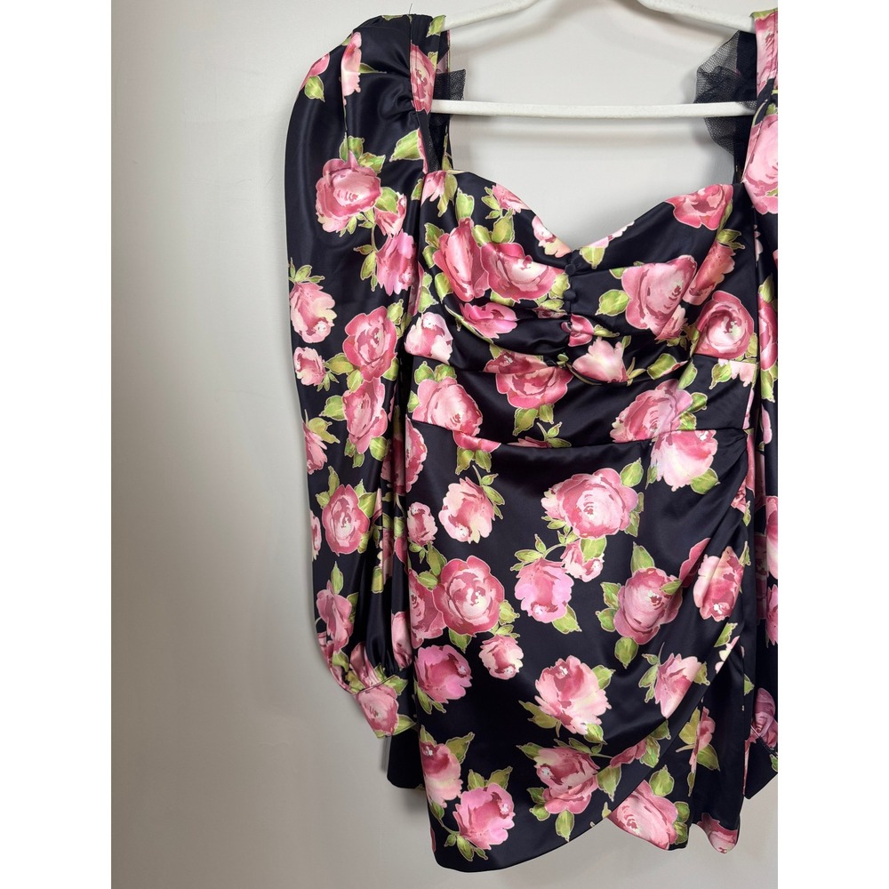House of CB Black Pink Floral Satin Puff Sleeve Mini Dress Size L Rose Print - Picture 4 of 10